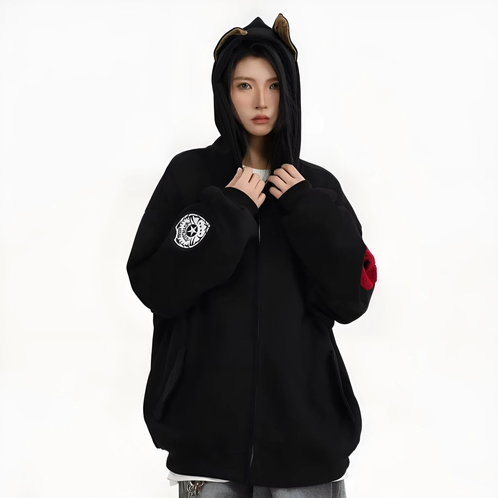 American style heavy hooded sweatshirt men's cotton blend jacket in black, front view