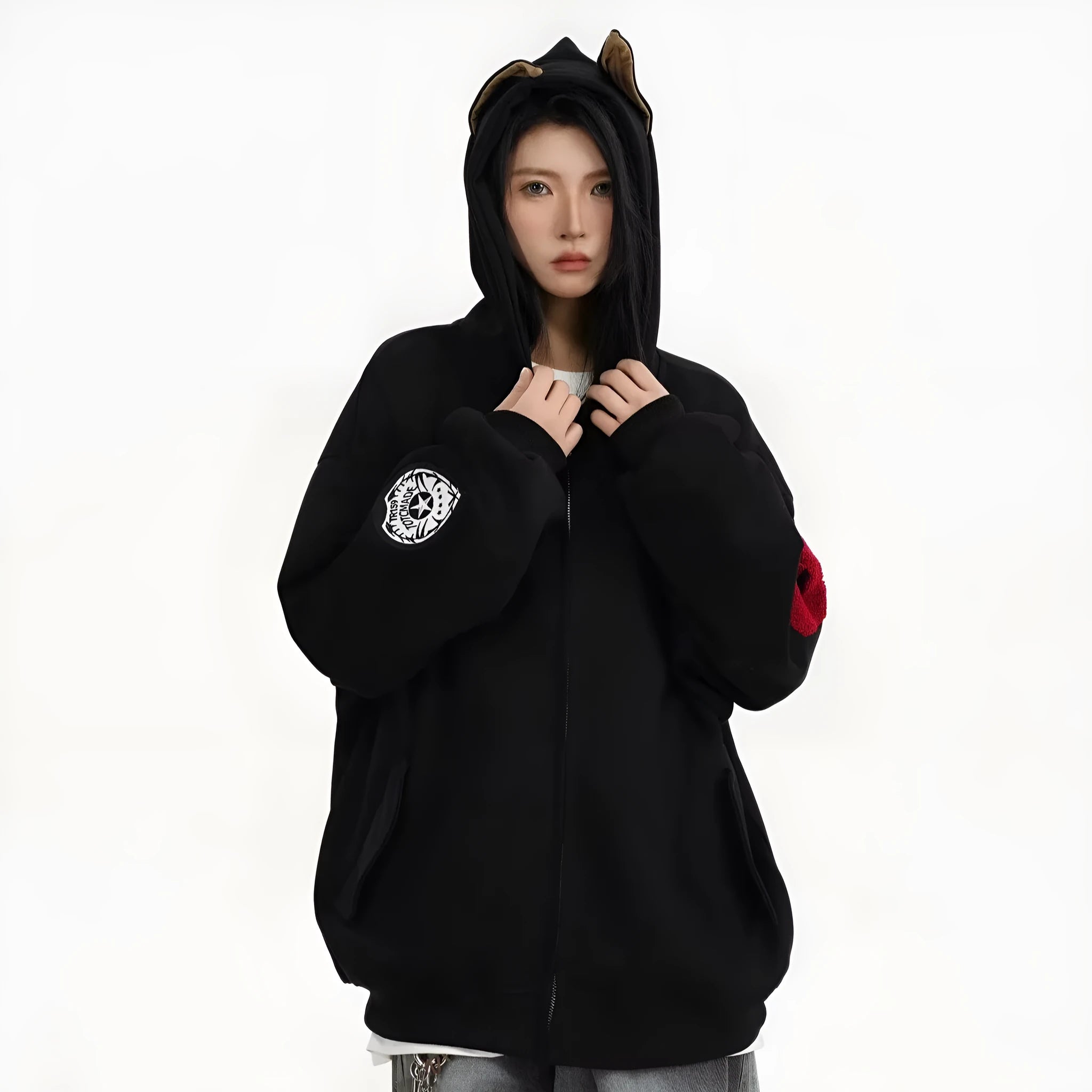 American style heavy hooded sweatshirt men's cotton blend jacket in black, front view
