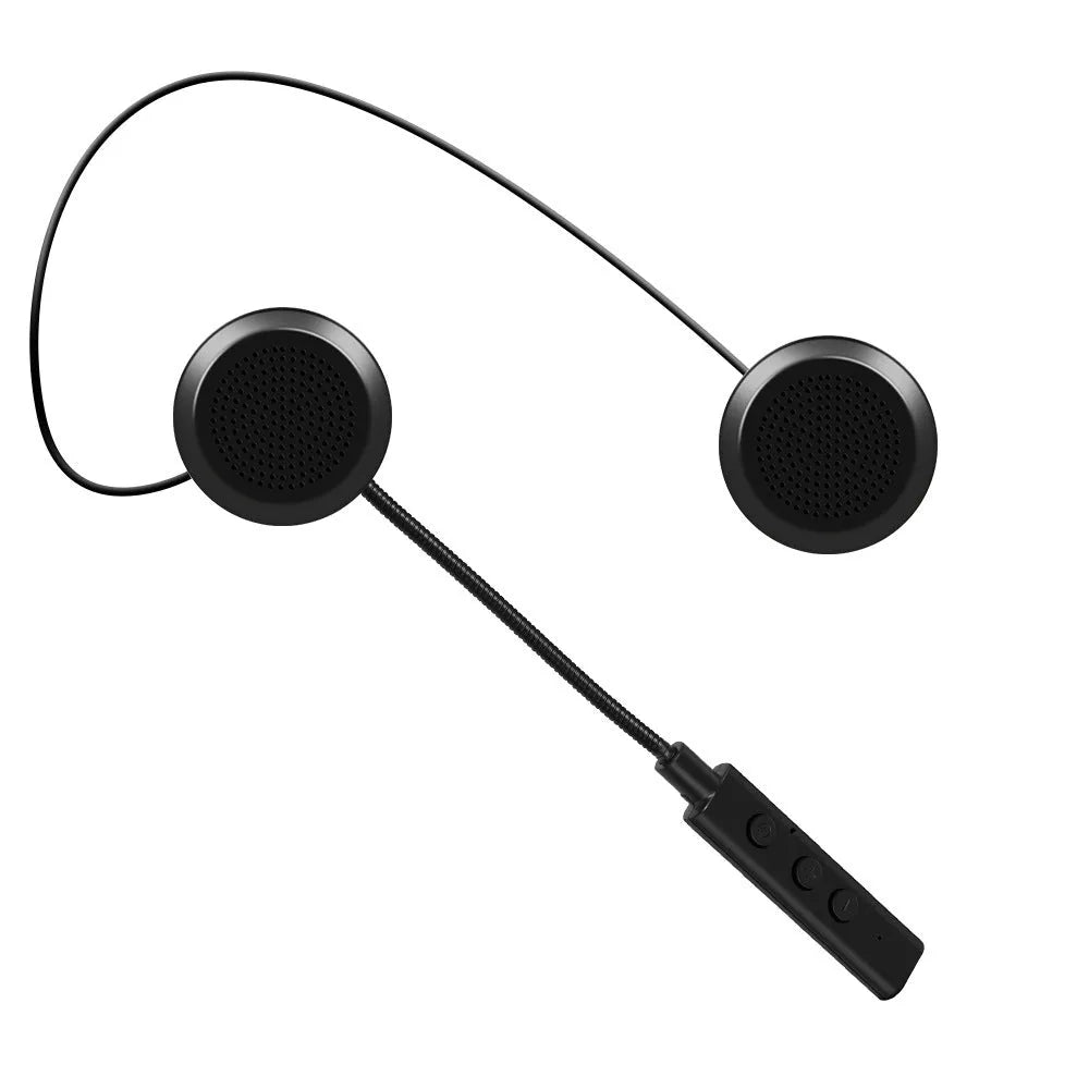 Black motorcycle helmet Bluetooth headset with large volume stereo and waterproof design on a dark background