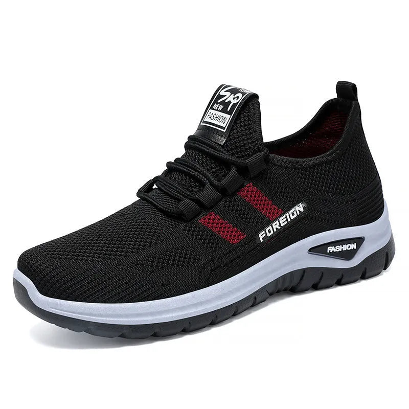 Breathable mesh casual shoes in black, grey, purple, and red colours with flat PVC sole