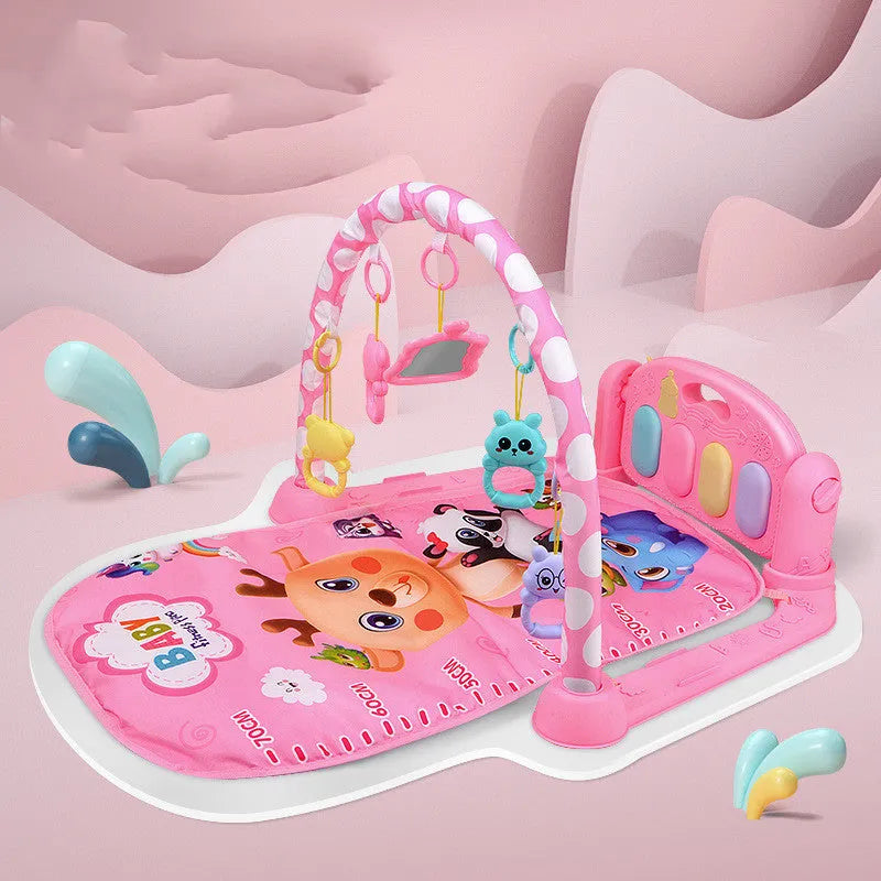 Baby fitness frame pedal piano activity gym toy for infants with animal-themed design in blue or pink colours