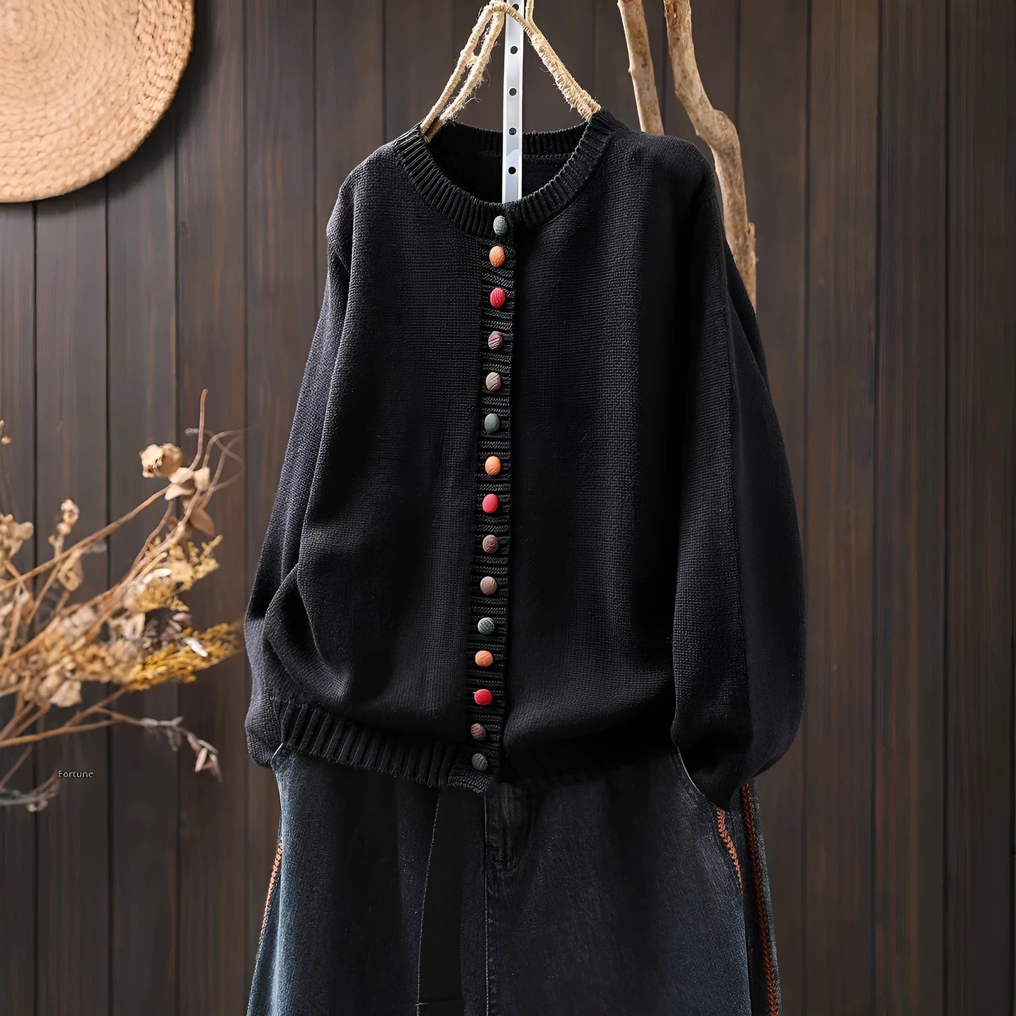 Women's colourful button loose-fit cardigan in light khaki with long sleeves, art retro style