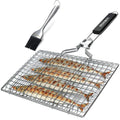 Square stainless steel folding barbecue grill mesh basket with a cleaning brush.