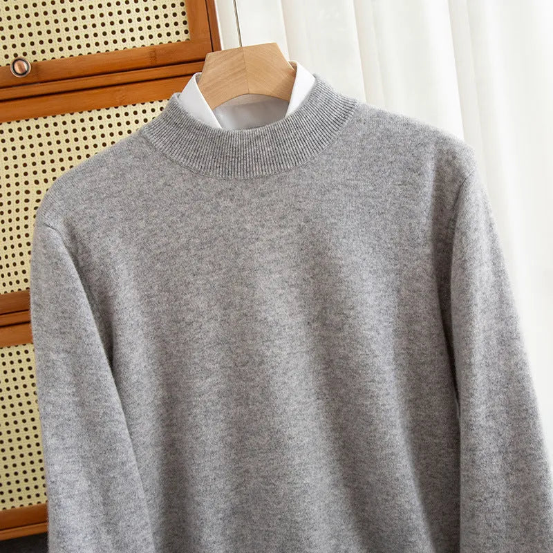Men's loose-fit half-collar wool sweater in coarse knit yarn, shown in a camel colour.