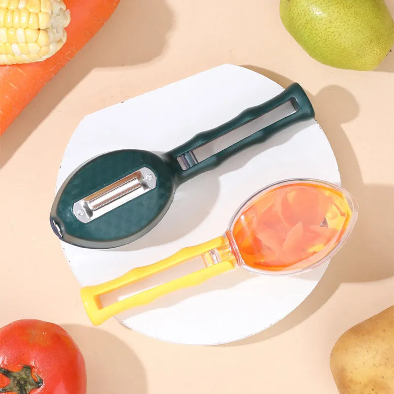 Yellow peeling knife with storage lid on a kitchen counter.
