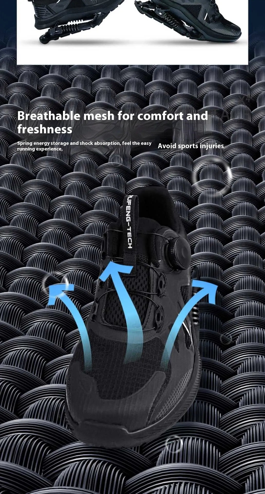 Black Power Mechanical running shoes with mesh upper and lace-up closure on a rubber EVA sole.