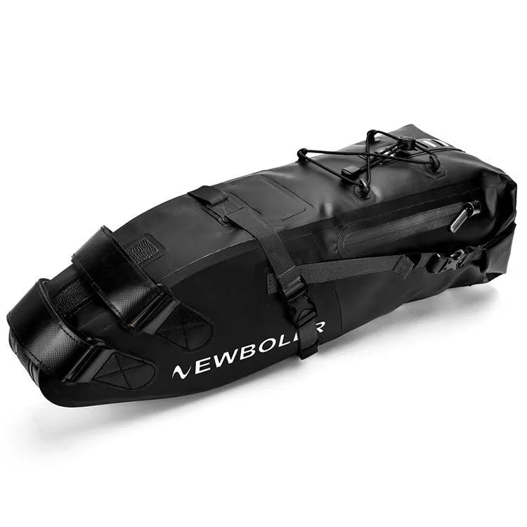 Waterproof PVC bicycle tail bag in yellow, mounted on bike, showing 13L capacity.