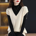 Women's creamy-white V-neck sleeveless knitted vest with a 3D pattern, laid flat.