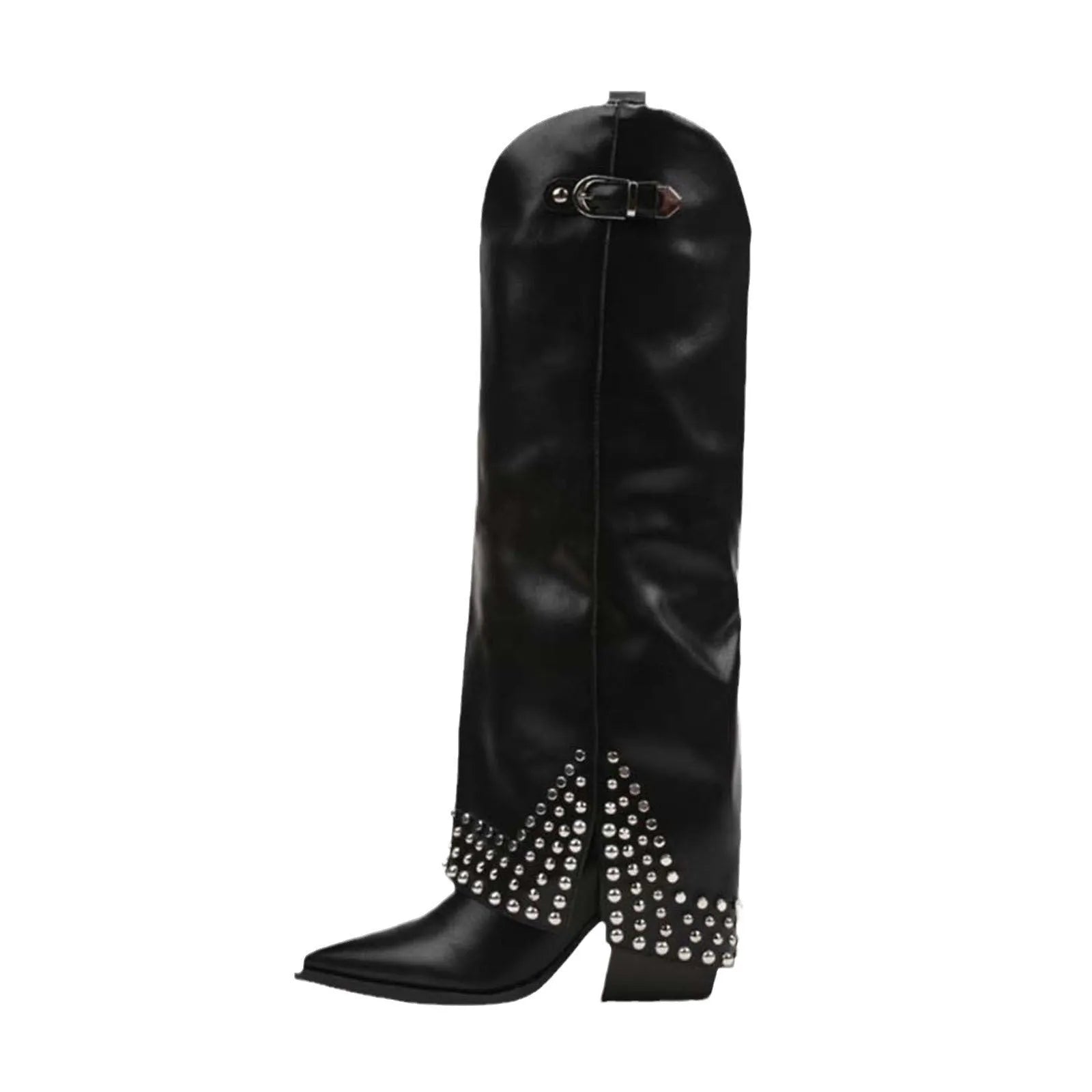 Women's black frosted rivet pantyhose boot with a microfiber suede upper and rubber sole.