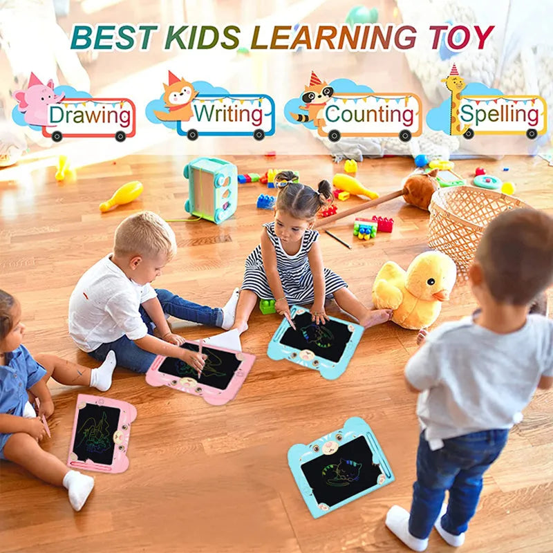 Cute bear cartoon LCD drawing board in sky blue colour on a table with stylus.