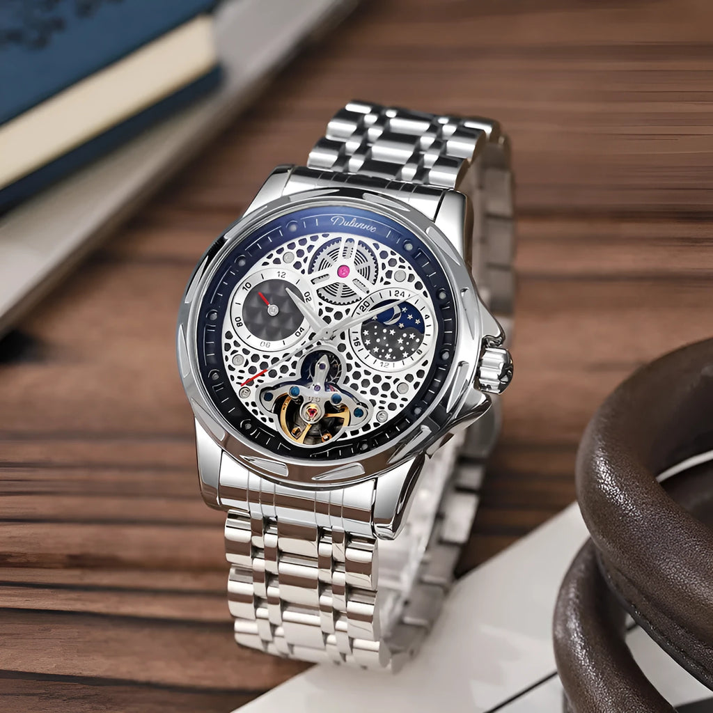 Men's automatic business watch with luminous hands on steel bracelet