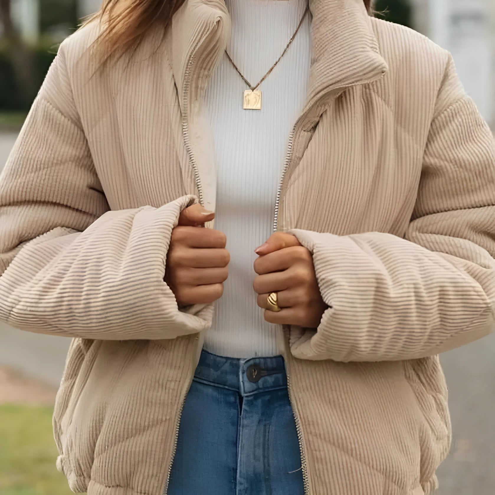 Women's apricot corduroy jacket with stand collar and full-length zip, wadded construction