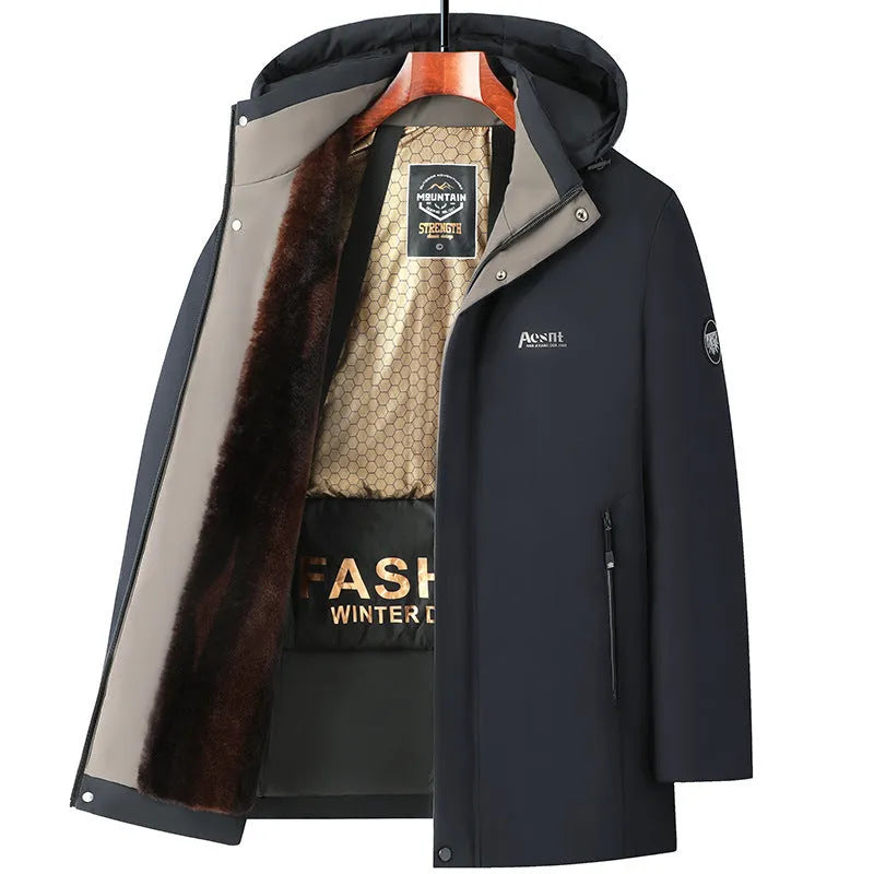 Men's fleece-lined cotton-padded coat in black and navy blue with gold trim, cardigan style, regular fit