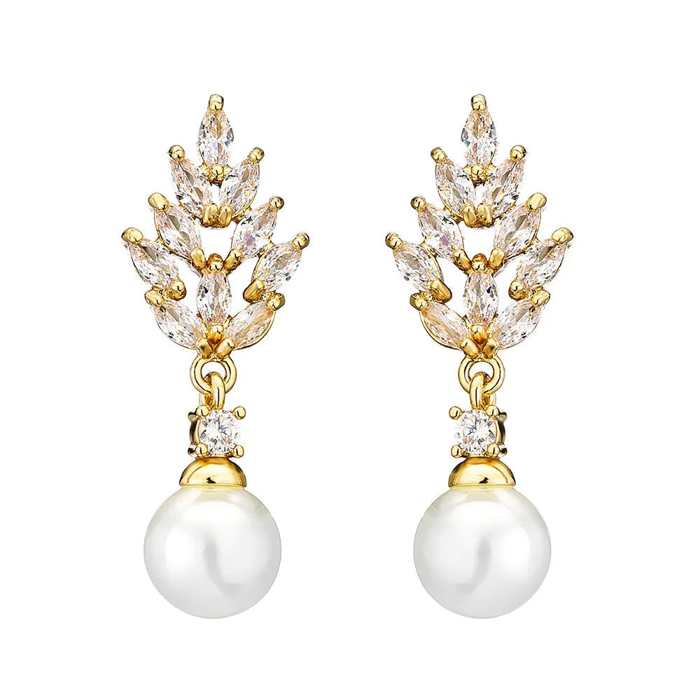 Geometric pearl earrings with micro inlaid zircon stones in gold plating