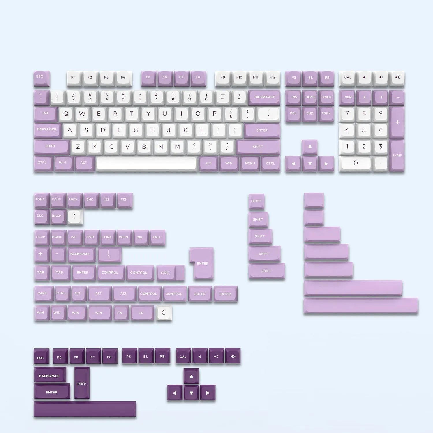 189-key PBT double-shot keycap set for mechanical game keyboards in multiple colours including blue and purple