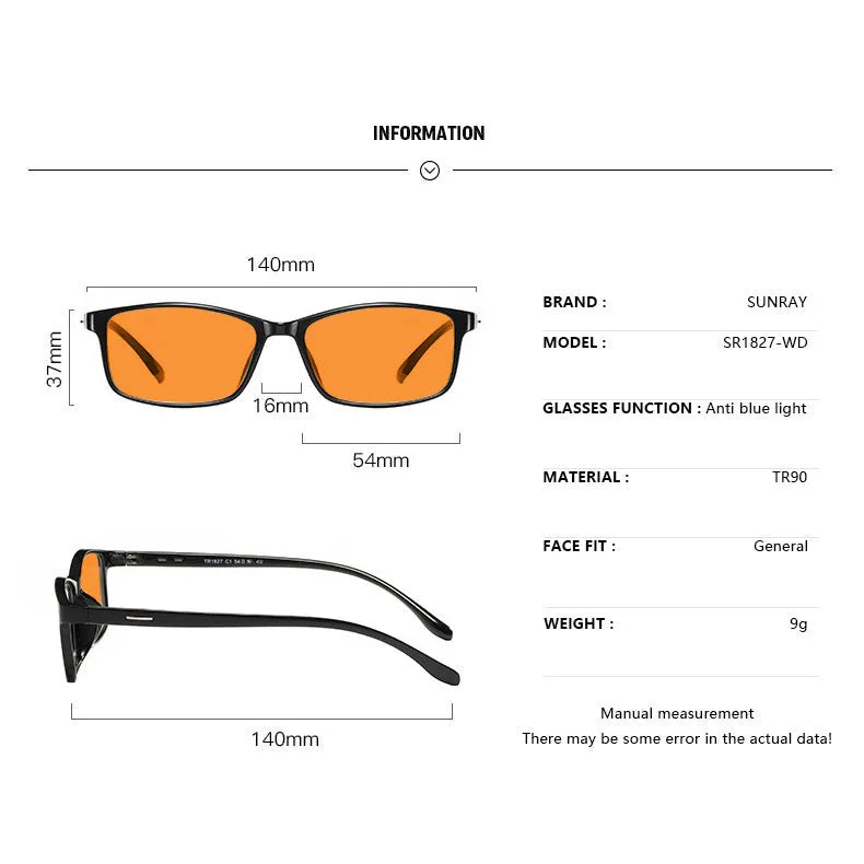 Orange lens anti-blue light glasses with full rim frame in four colour options