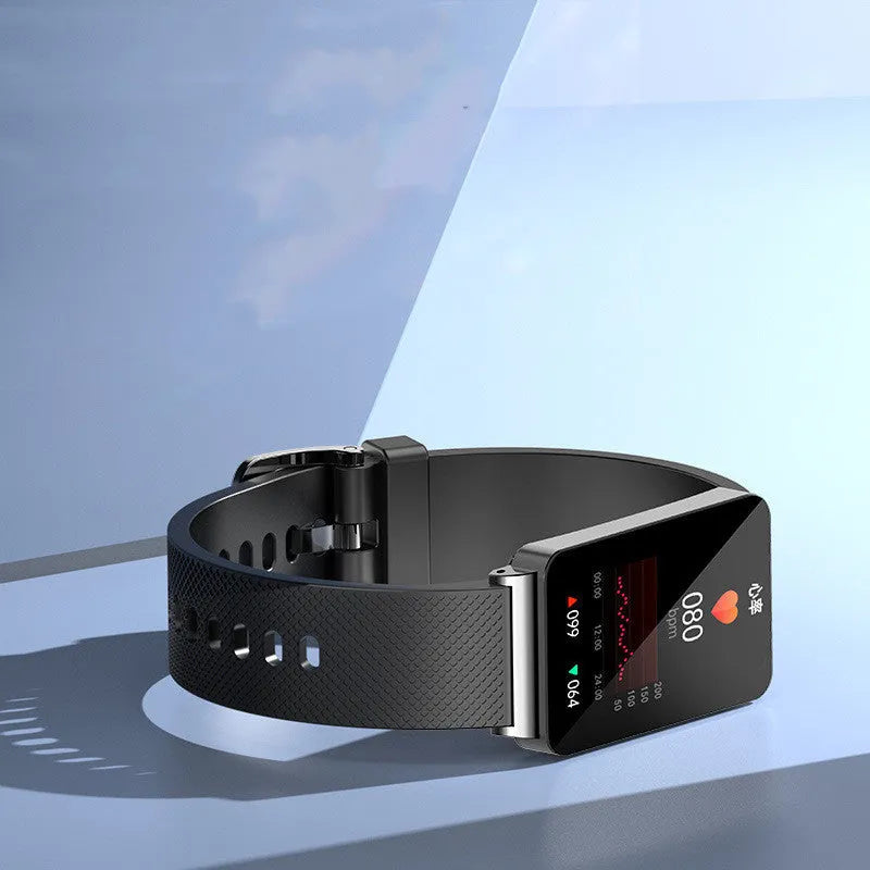 EP08 blood glucose smart bracelet with TPU strap and touch screen in black, gold, or silver colours