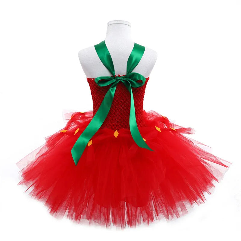 Red children's princess dress with lace and mesh detailing in South Korean silk for birthday parties