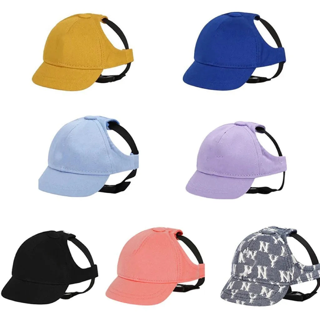 Adjustable cotton pet baseball cap with exposed ears, shown in apricot, blue, milk blue, purple or black