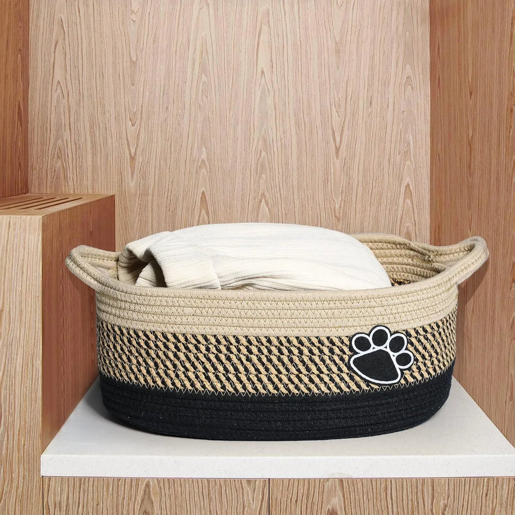 Handmade light beige woven cotton rope storage basket with wooden handle 34cm wide