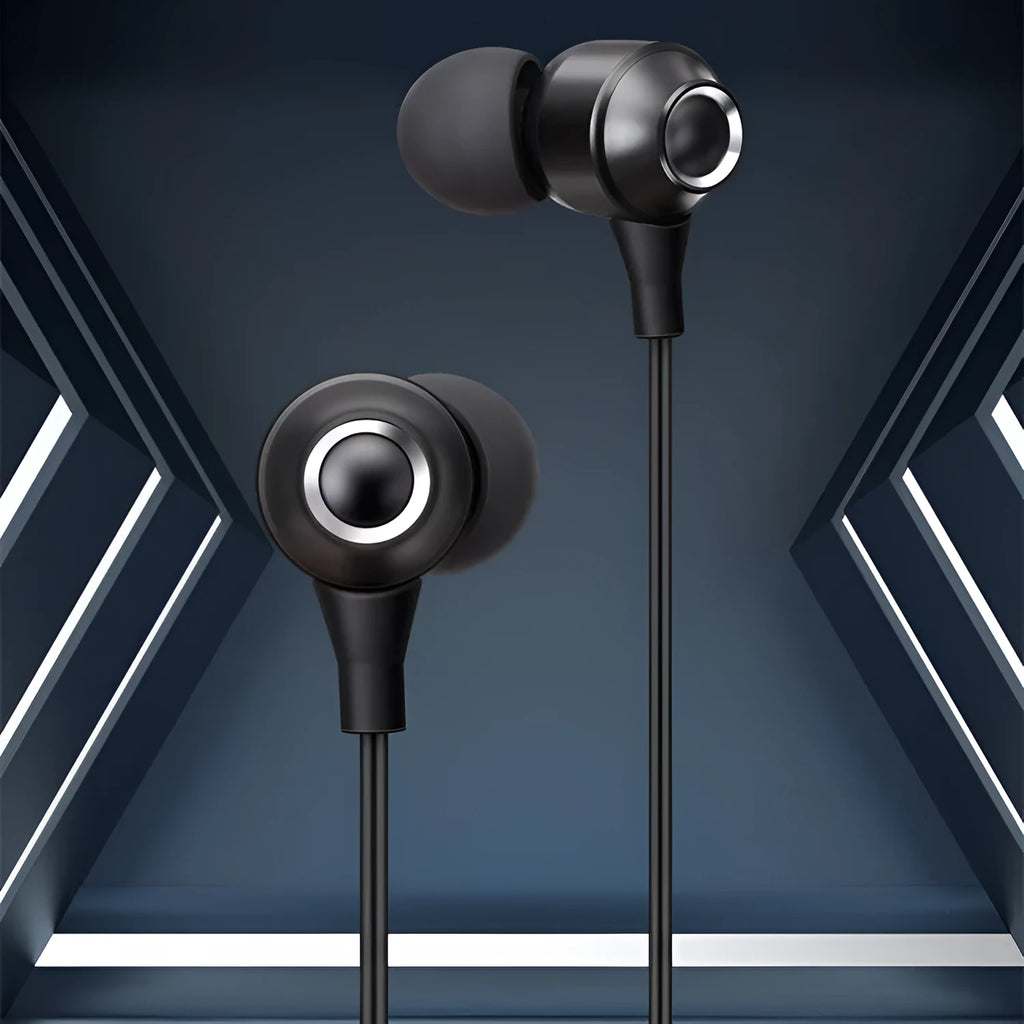 Wired in-ear headphones with 3.5mm straight plug, silicone earplugs, and TPE cable