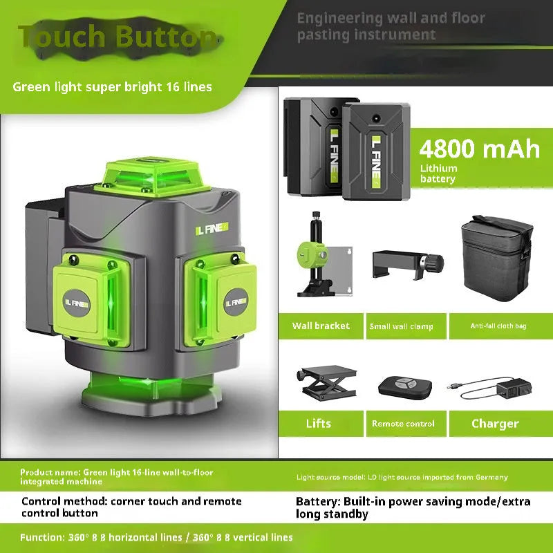Green 16-line 3D laser level tool with nylon and aluminium housing on a work surface.