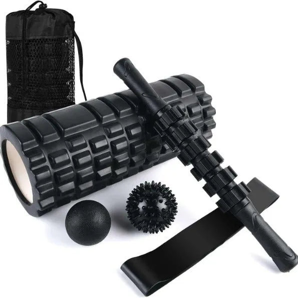 Black 33cm fitness foam roller with six segment construction for health massage