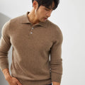 A sapphire blue men's cashmere pullover sweater with a polo collar, shown in a loose fit.