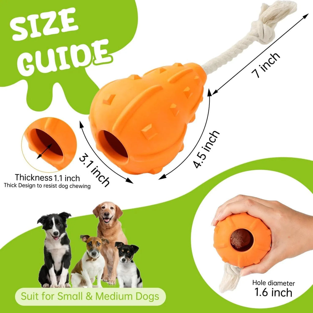 Natural rubber stuffable dog chew toy with a long strap for fetching and treat dispensing.