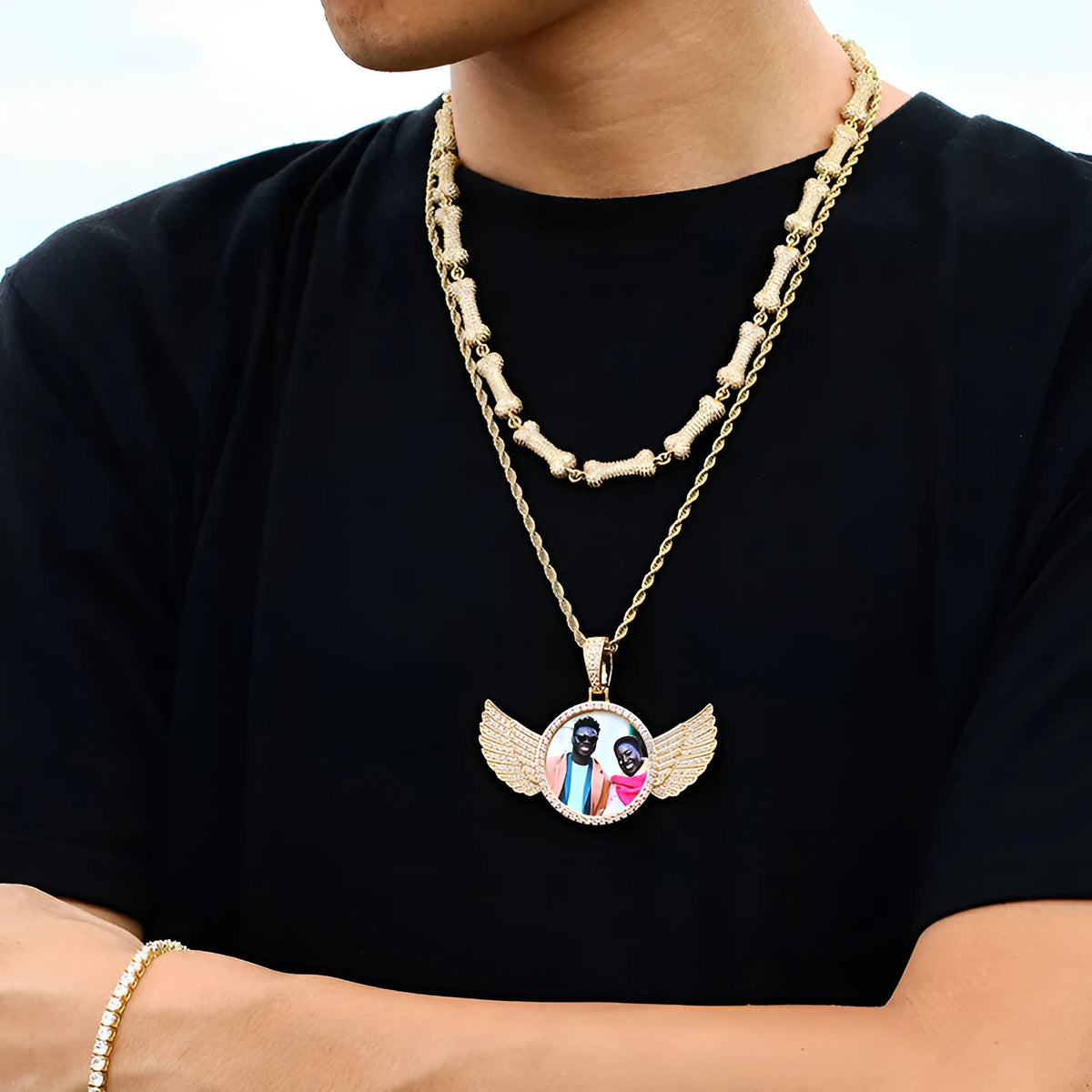 Custom photo angel wings pendant necklace, copper and zircon medallion 68mm x 53mm x 3mm with twist or tennis chain