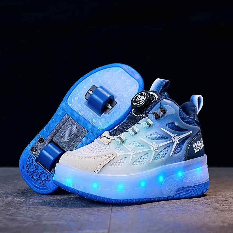 Children's blue striped roller skates with twist-knob fastening system and PVC soles