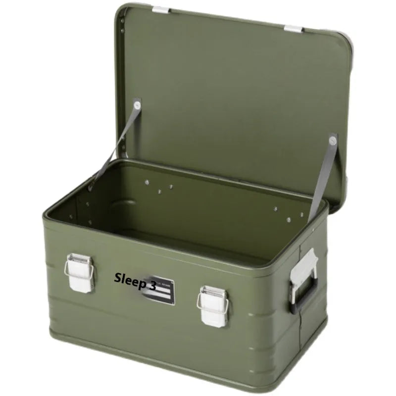 Field Green aluminium alloy outdoor storage box with dimensions 58x38x28cm for camping equipment
