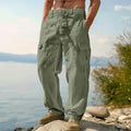 Men's cotton casual trousers in wide-leg loose fit showing micro elasticity and mid-waist design