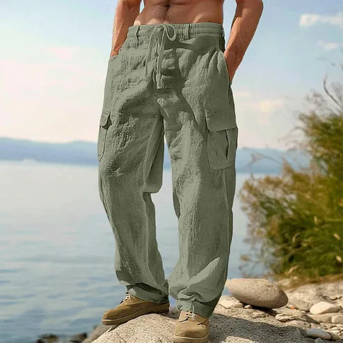 Men's cotton casual trousers in wide-leg loose fit showing micro elasticity and mid-waist design