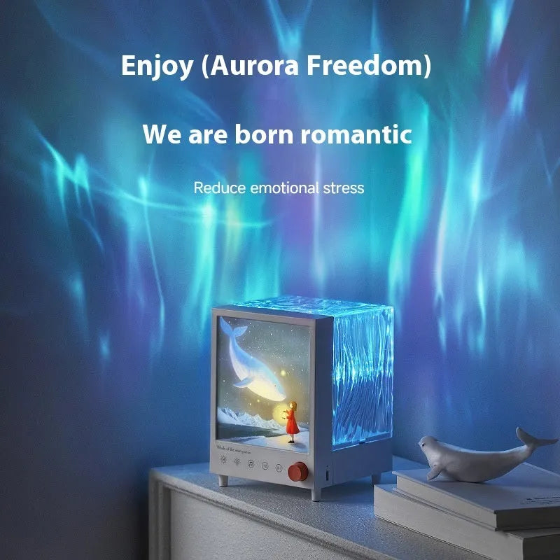 Aurora Treasure Box atmosphere projection lamp showing Star Sea Whale light effect, with compact design and Bluetooth speaker.