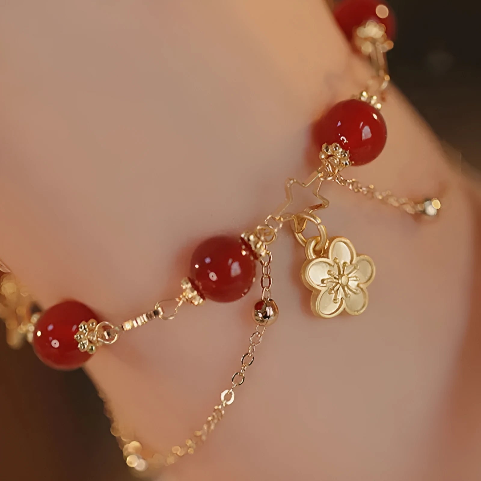 Women's red agate double layer bracelet with floral peach blossom ethnic designs