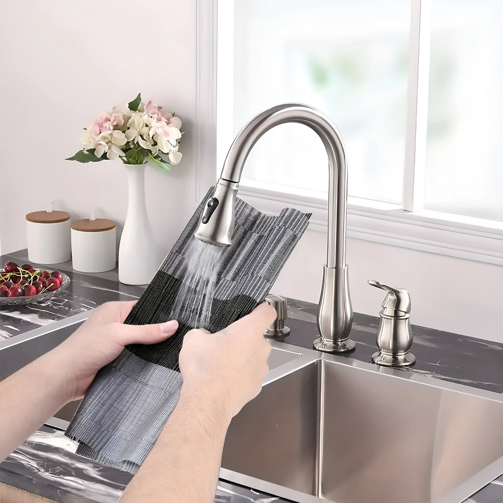 PVC non-slip kitchen sink mat in gradient bamboo black colour, shown in 30x180cm size on a countertop.