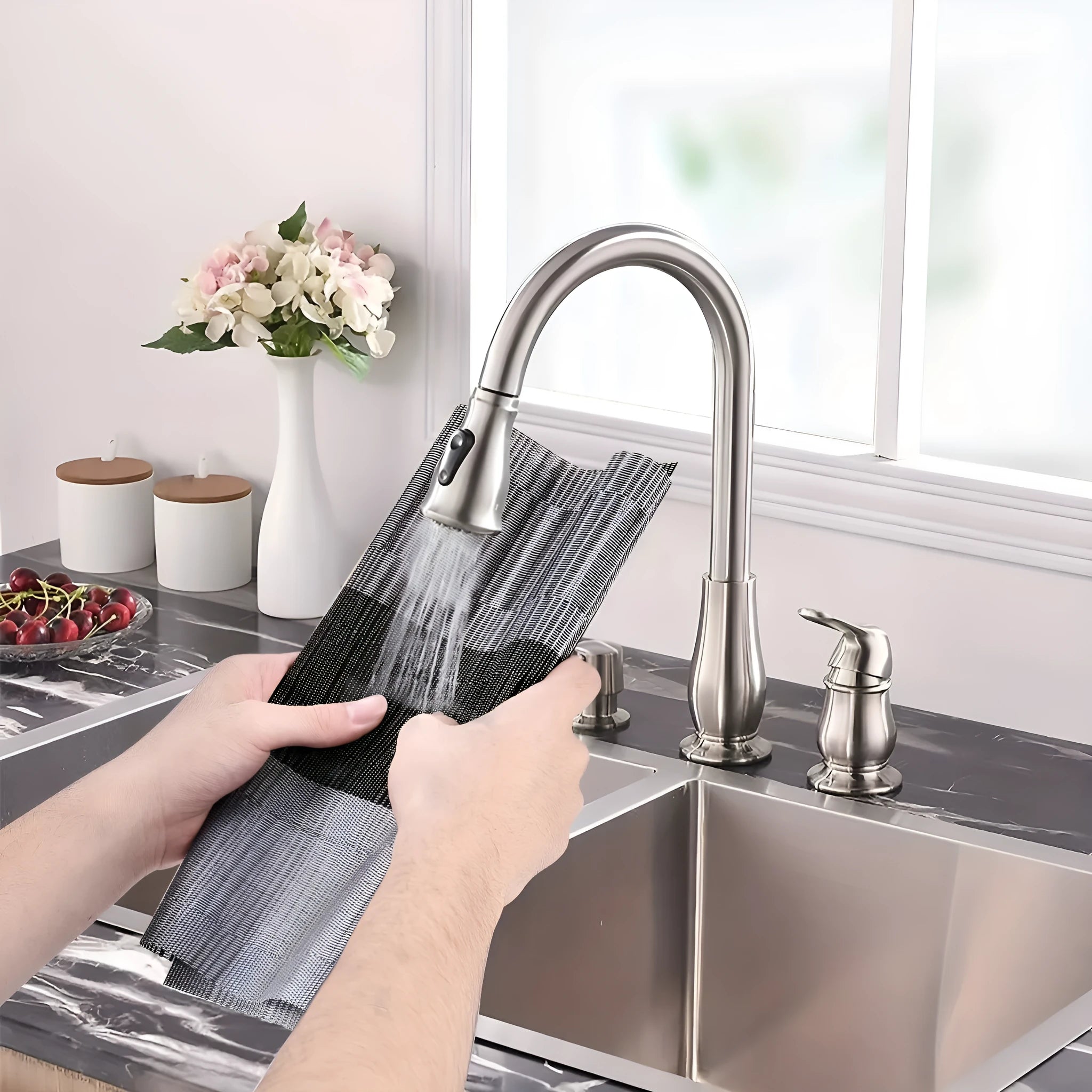 PVC non-slip kitchen sink mat in gradient bamboo black colour, shown in 30x180cm size on a countertop.