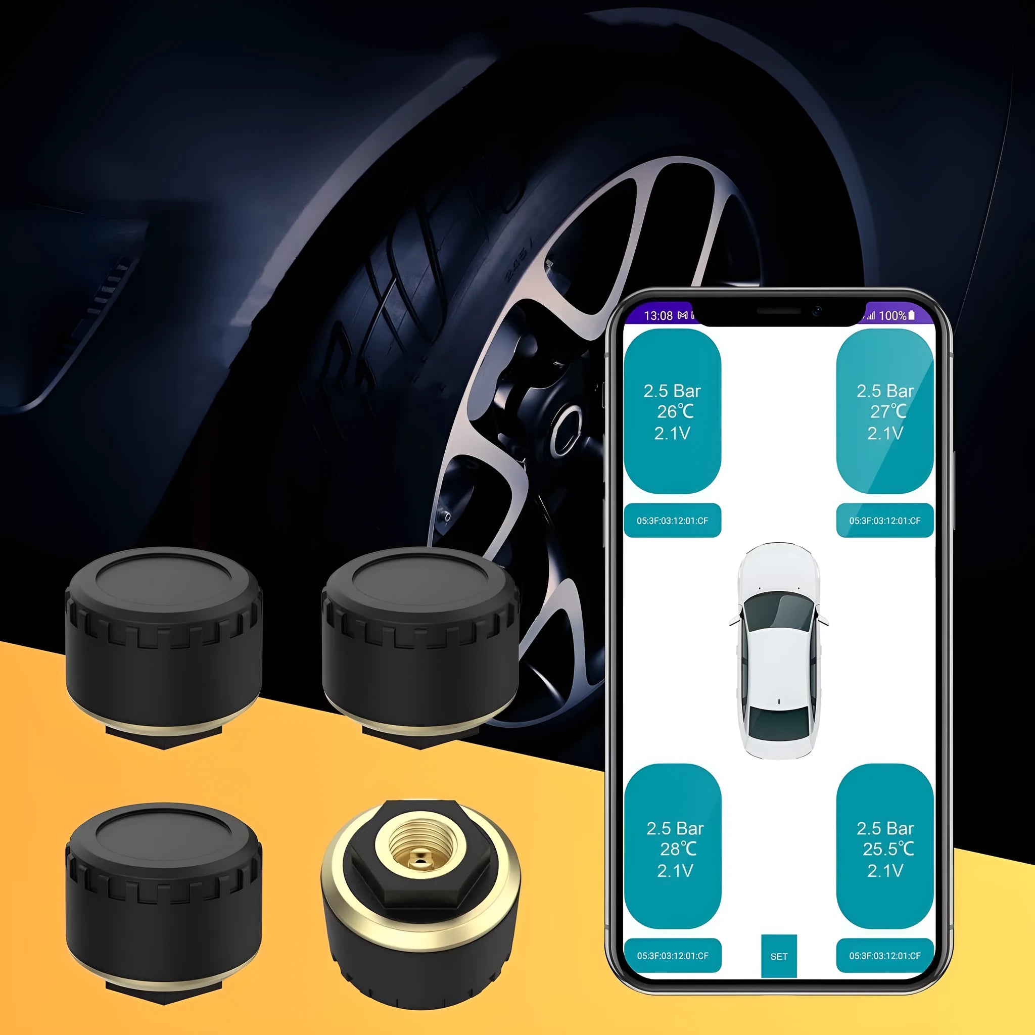 Black Bluetooth tyre pressure monitors for mobile phone display with four sensors