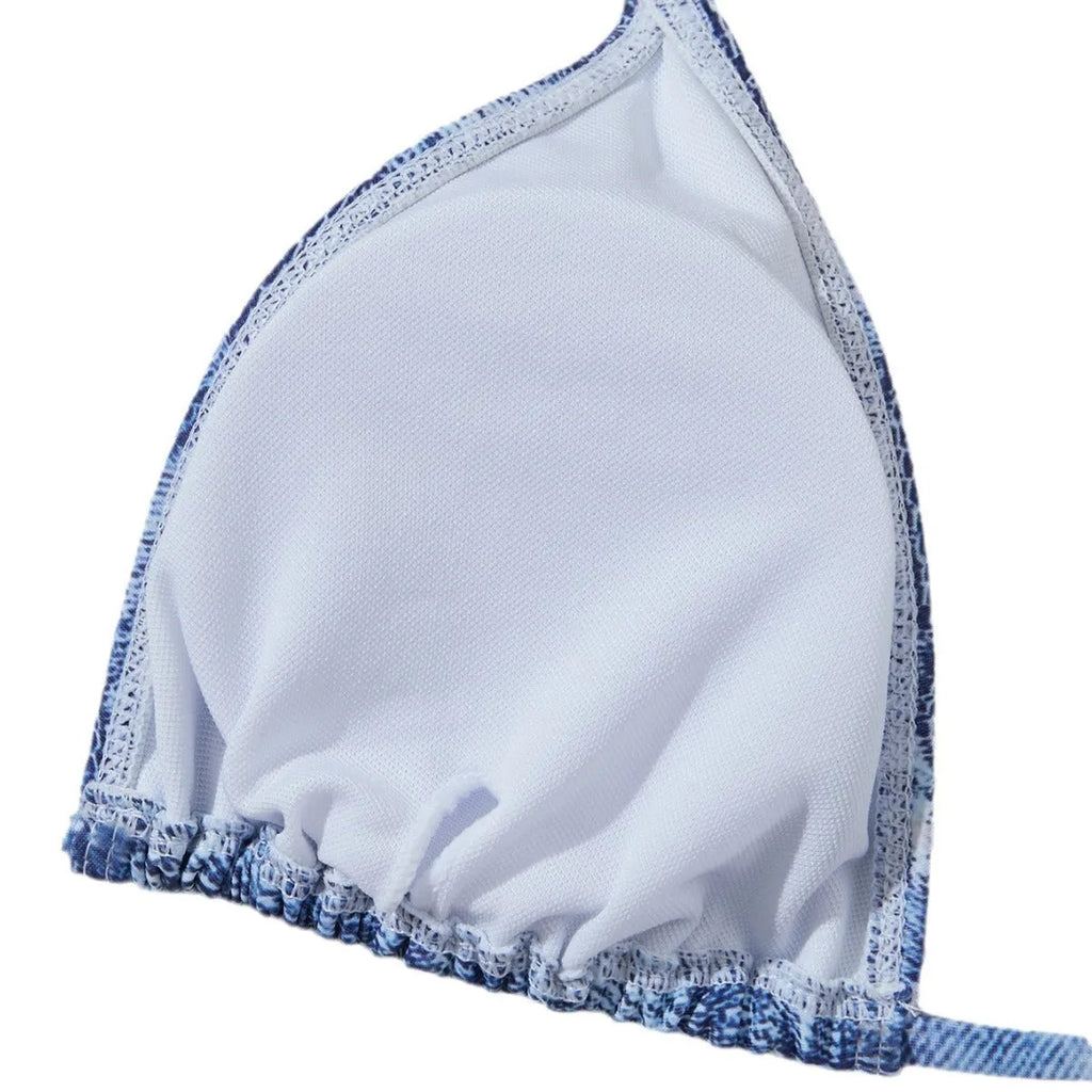 Denim blue printed women's bikini set with adjustable straps on the top.