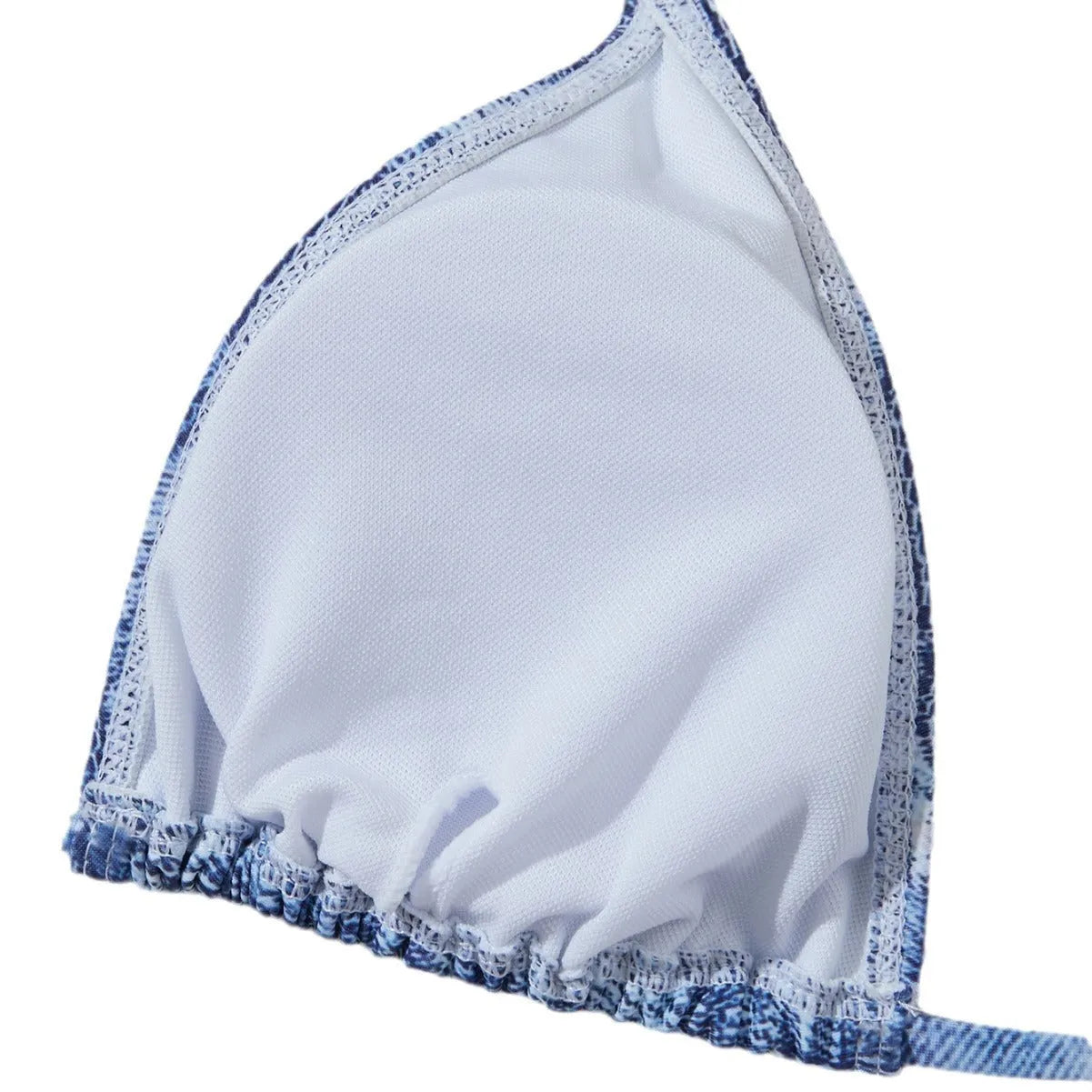 Denim blue printed women's bikini set with adjustable straps on the top.