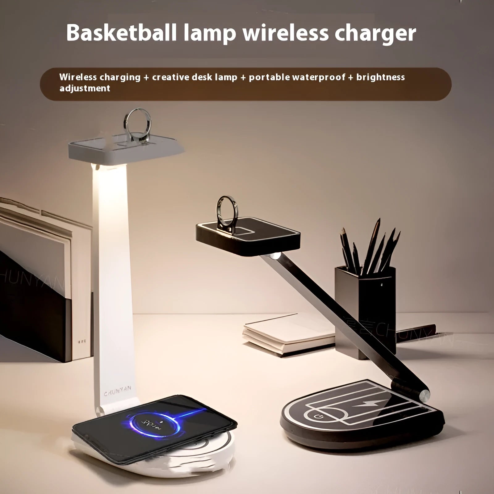 Creative basketball stand table lamp with 15W wireless charging touch, black finish, on a desk with a phone charging