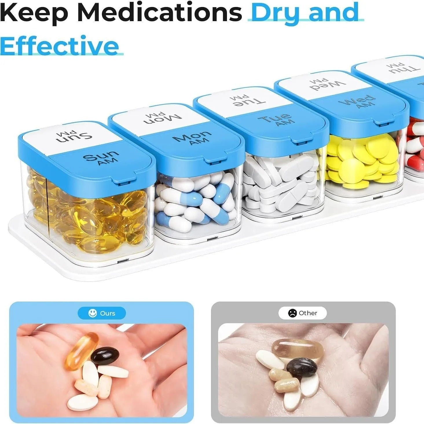 Large white and rainbow coloured plastic pill box with 14 removable compartments open on a table.