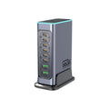 Silver 660W Gallium Nitride desktop fast charger with multiple USB-C ports on a wooden desk.