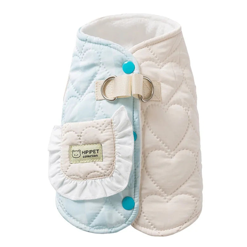 Blue thick warm heart-shaped checkered pocket pet vest dog coat with D-ring and side-buckle closure