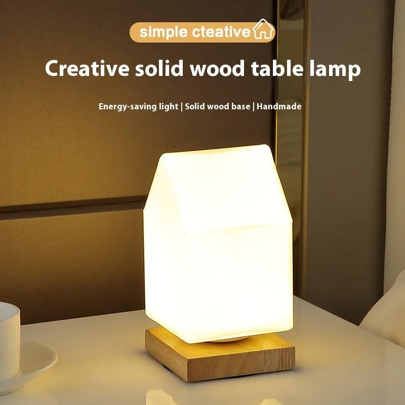 Nordic solid wood USB table lamp with touch control in geometric shapes on wooden surface