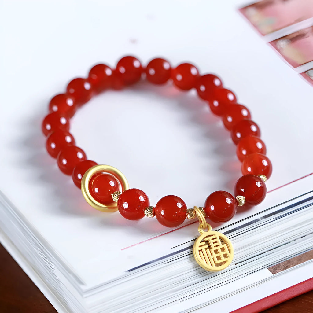 Natural red agate bracelet with woven construction and blessing card