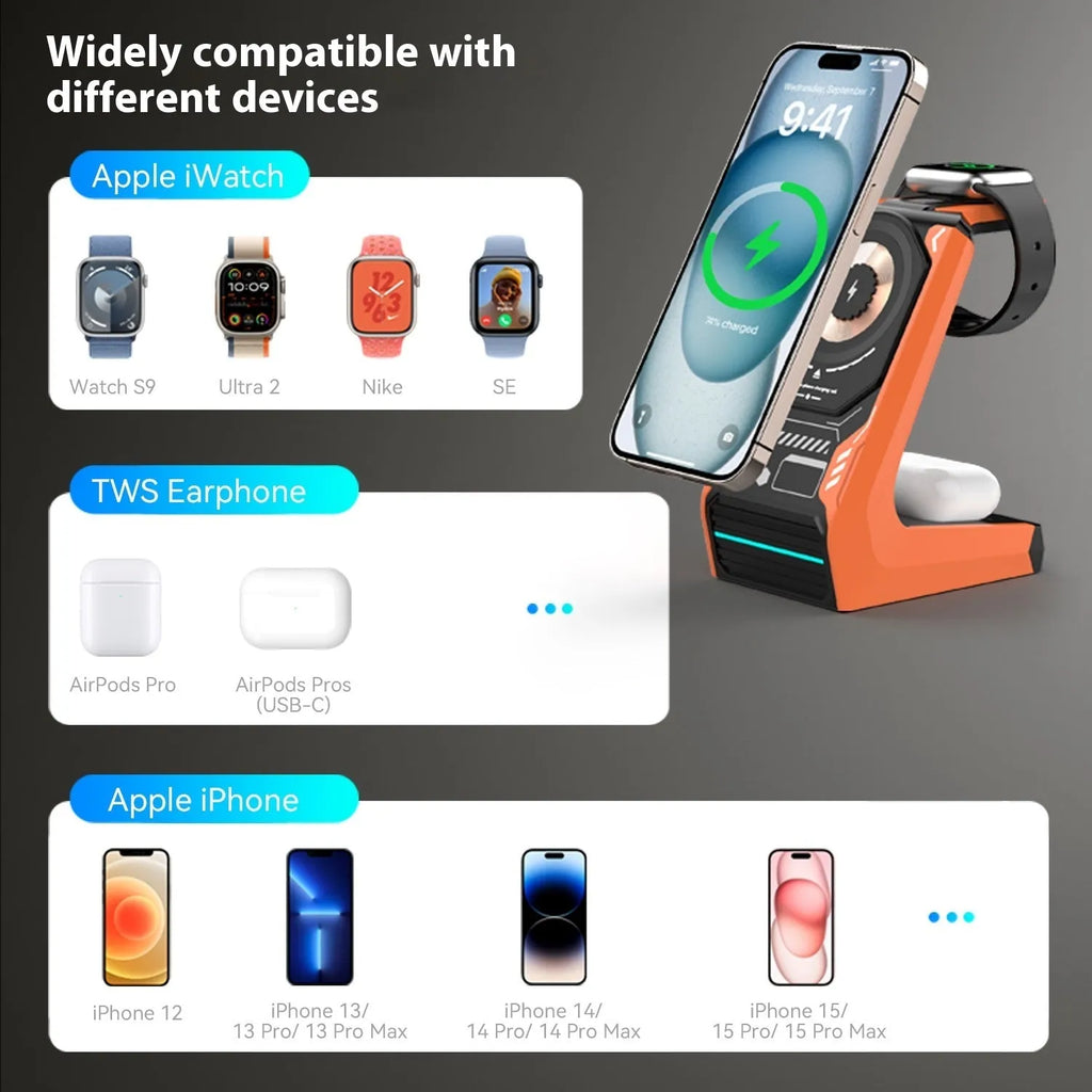 Magnetic three-in-one wireless charger stand in beige holding a phone watch and earbuds on a desk