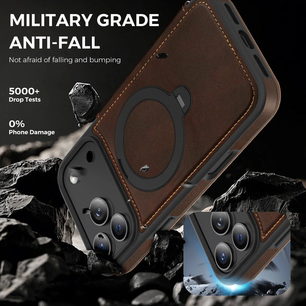 Magnetic bracket PC leather flip phone case for iPhone 16 in black with stand