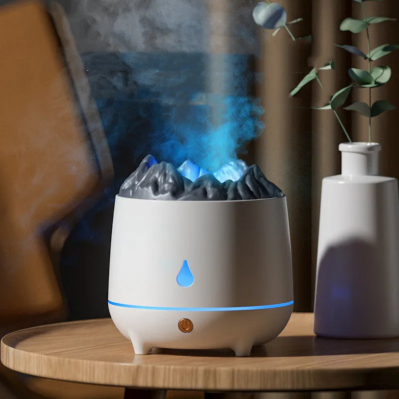 Round black volcano-shaped ultrasonic humidifier and aromatherapy diffuser with USB cable